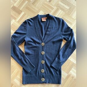 Tory Burch Black Knit Cardigan with Orange Logo Tag